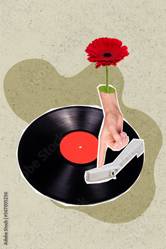 Vertical creative collage image of hand retro vintage vinyl recorder hand gerbera flower finger point touch meloman 70s 80s music lover photo