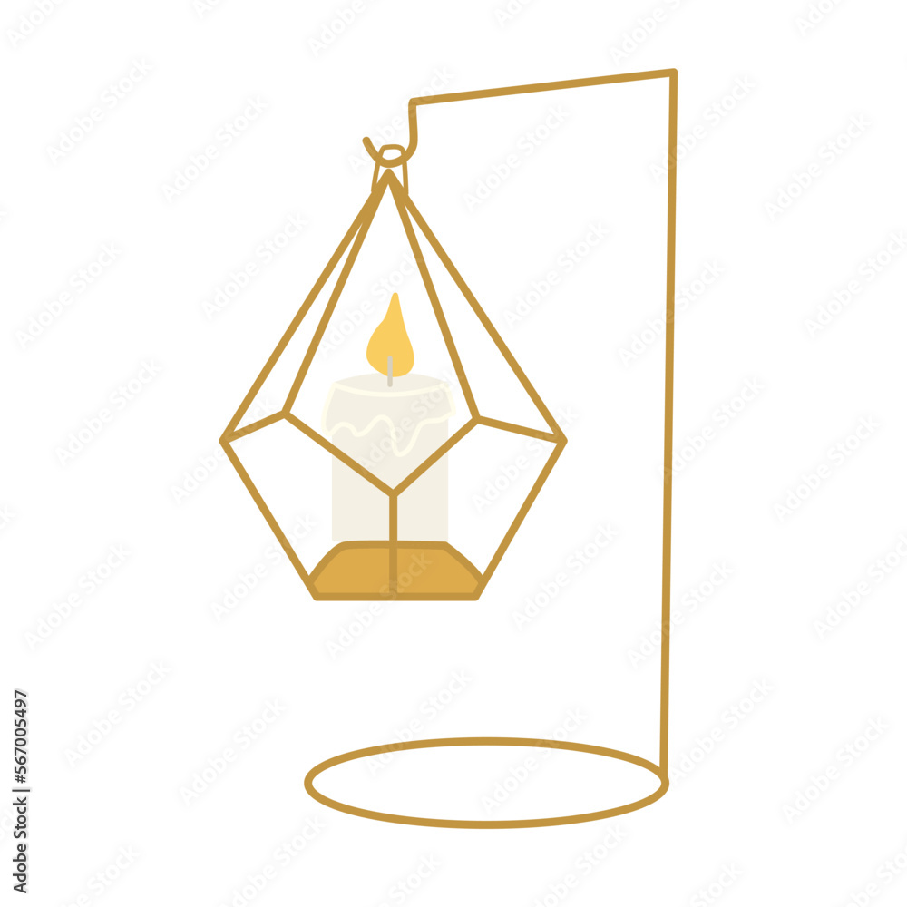Hand-drawn isolated clip art illustration of golden geometric candle holder with white candle Hand-drawn isolated clip art illustration of golden geometric candle holder with white candle