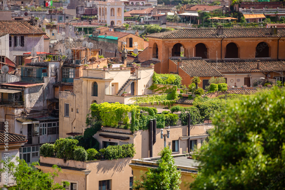 View of the city of Rome from above, from the terrace of the Pincio hill. Italy.