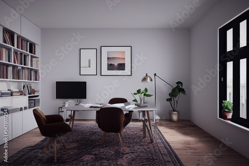 mock up poster frame in boho interior background, wooden living room design, Scandinavian style. Generative AI illustration © Interior Stock Photo