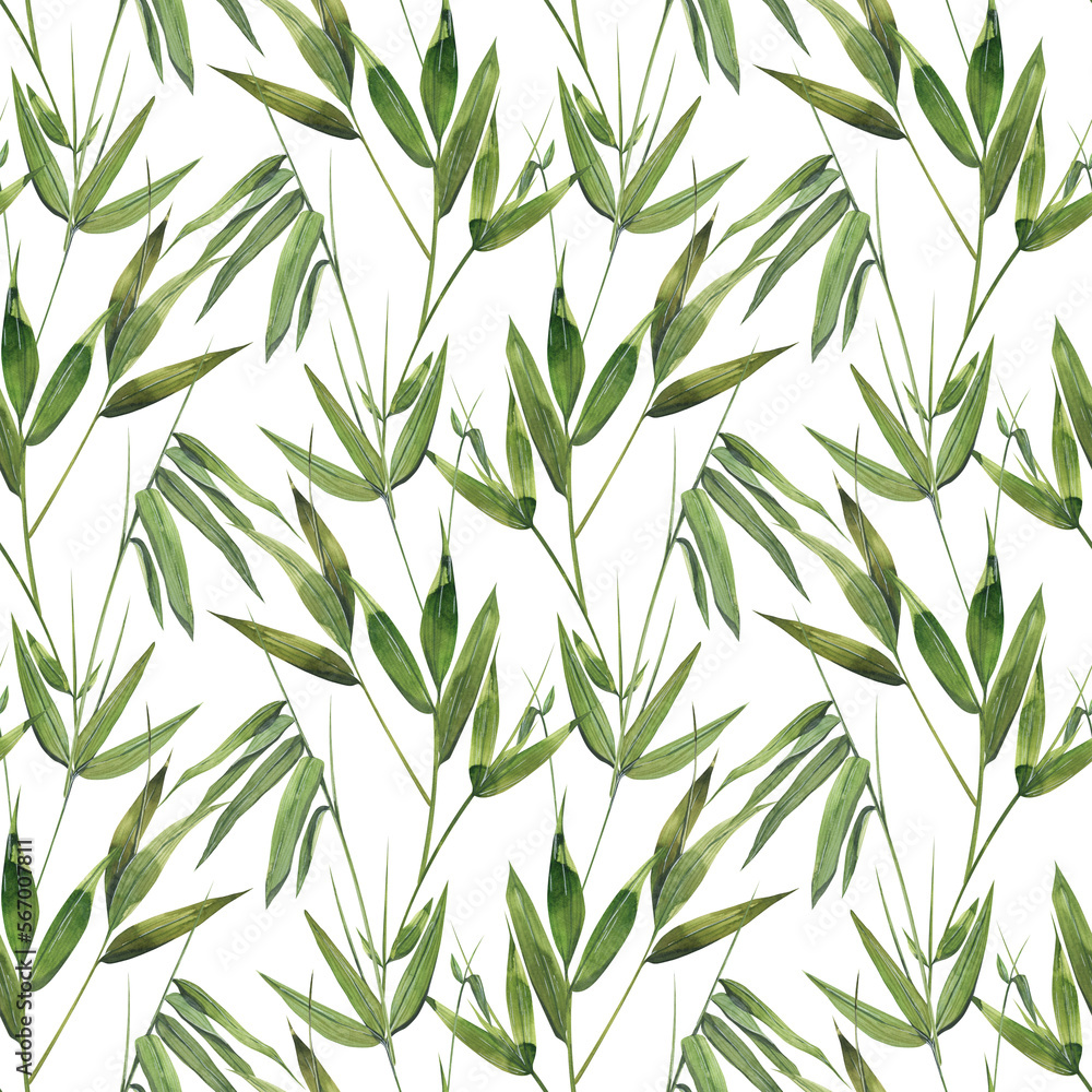 Fototapeta premium Bamboo leaves and twigs on a white background. Watercolor illustration. Seamless pattern. For fabric, textiles, wallpaper, covers, prints, packaging, paper, scrapbooking clothing bed linen