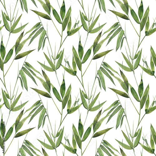 Bamboo leaves and twigs on a white background. Watercolor illustration. Seamless pattern. For fabric  textiles  wallpaper  covers  prints  packaging  paper  scrapbooking clothing bed linen