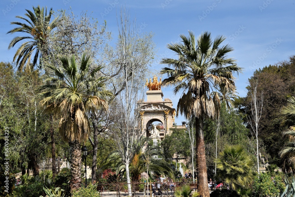 Palm trees in the park with lake, street lamps and landmark