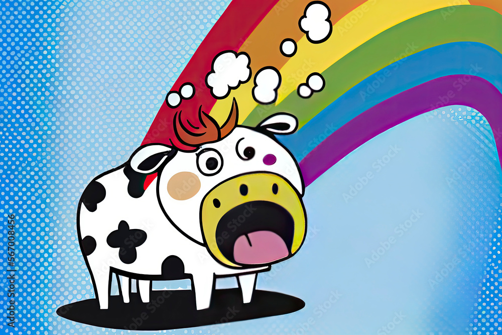 Naklejka premium cartoon of a bored cow yawning with a rainbow coming out of it's mouth