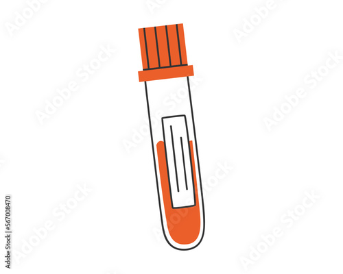 Hand drawn cute illustration of test tube with blood. Flat vector laboratory equipment in simple colored doodle style. Blood test, donor, medicine sticker, icon or print. Isolated on white background