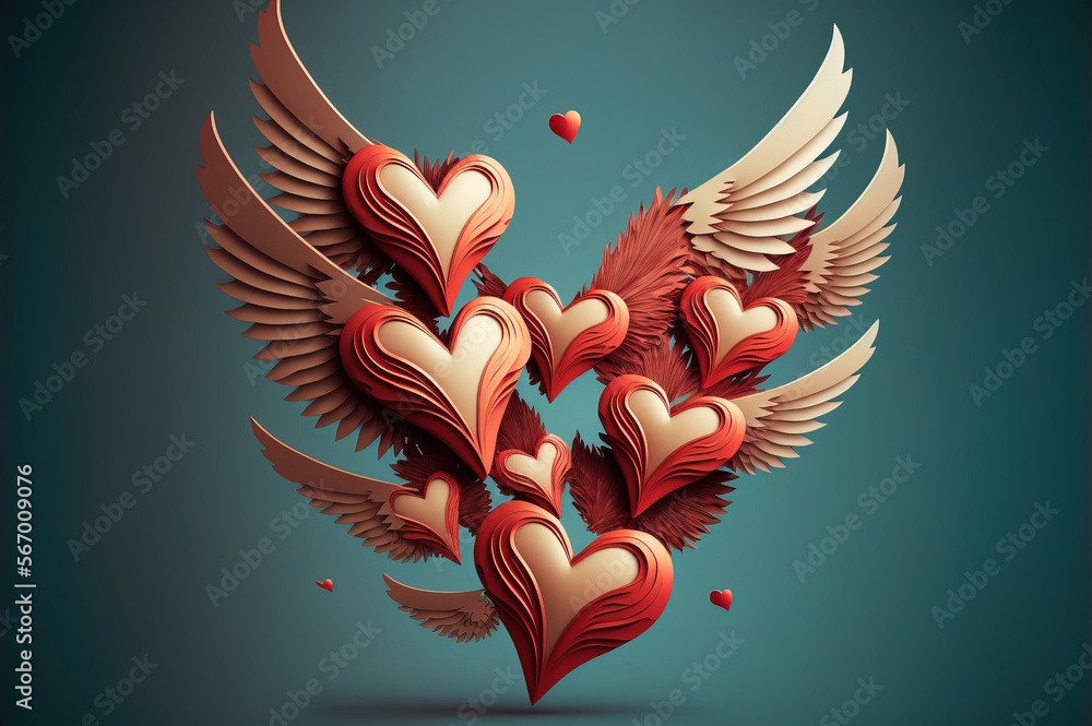 Red and yellow flying hearts with wings against turquoise background illustration. Generative AI Red and yellow flying hearts with wings against turquoise background illustration. Generative AI