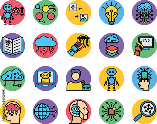 Artificial intelligence icons set, Artificial intelligence vector icons, Artificial icons pack, Ai Vector icons set, Robotic vector icons set, Artificial technology icon set, Artificial fill icons set