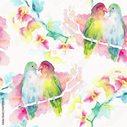 Fototapeta Naklejka Na Ścianę i Meble -  Exotic Seamless pattern with Lovebirds and Magnolia. Cuddling parrots couple sitting on a branch. Romantic bird dialog. Realistic Illustration - watercolor graphic. Isolated on off-white background.