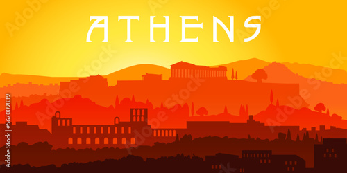 Acropolis Athens Greece silhouette illustration. Athens skyline. Parthenon. 
Inscription "Athens"