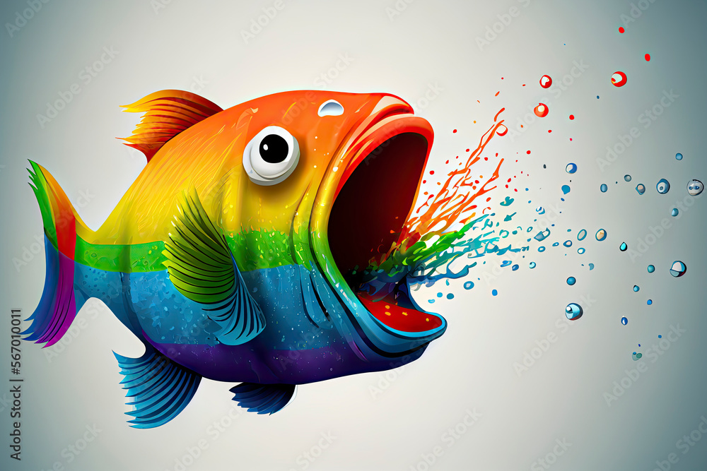 cartoon of a bored fish yawning with a rainbow coming out of it's mouth