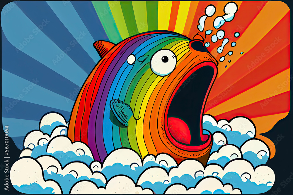 cartoon of a bored fish yawning with a rainbow coming out of it's mouth