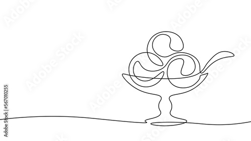 One line continuous ice-cream in a bowl symbol concept. Silhouette of dessert cafe restaurant snack. Digital white single line sketch drawing vector illustration