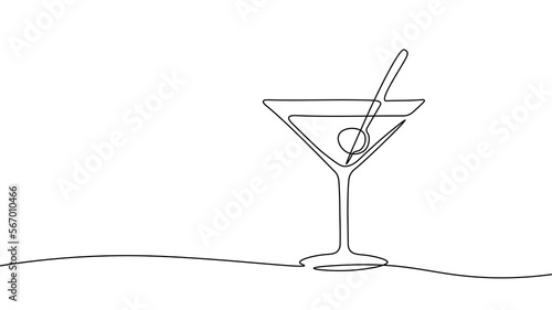 One line continuous cocktail wine glass symbol concept. Silhouette of alcoholic drink vermouth olive. Digital white single line sketch drawing vector illustration