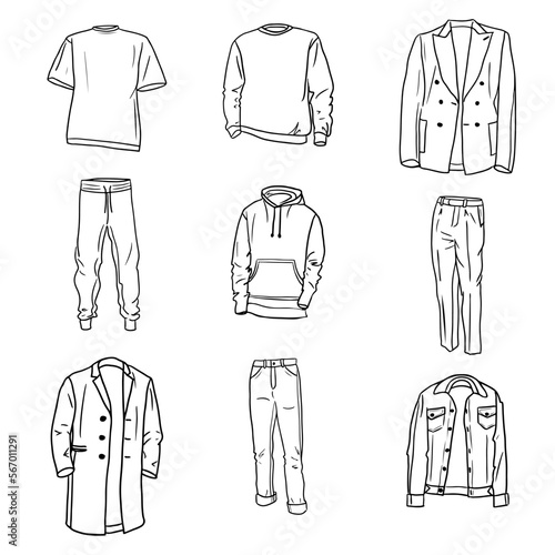 Big hand drawn set of men s everyday clothes sketches. Hoodie, jeans, joggers, trousers, t shirt, sweatshirt, topcoat, jacket and jeans jacket. Vector isolated outline  collection on white background