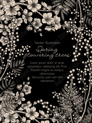 Vector illustration of a frame of blossoming spring trees on a dark background. Blossoming cherry and mimosa in engraving style