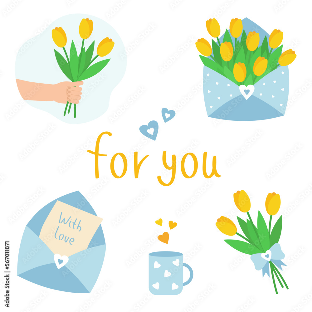 Bouquets of flowers. Romantic set of flower presents. Bouquet in hand, envelope with floral elements, cup with hearts. Vector illustration of yellow tulips.