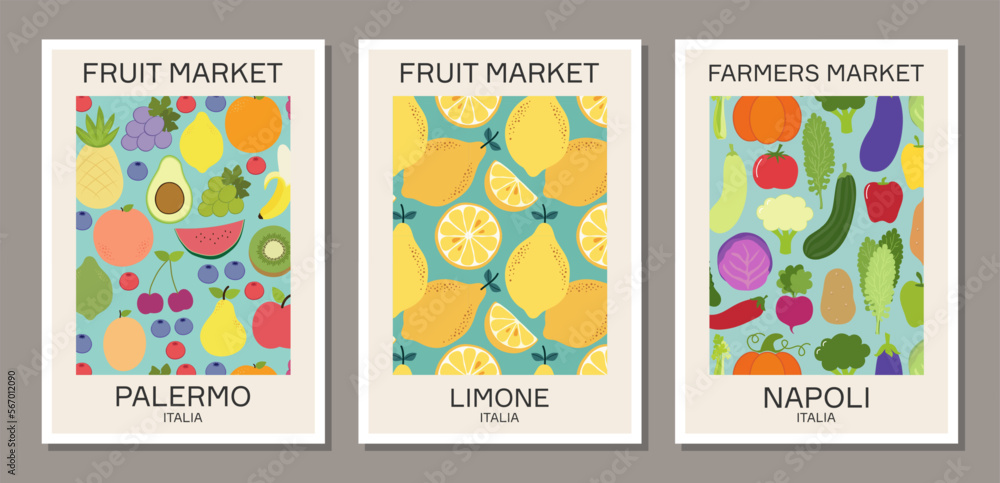 Set of retro aesthetic fruit market wall art poster