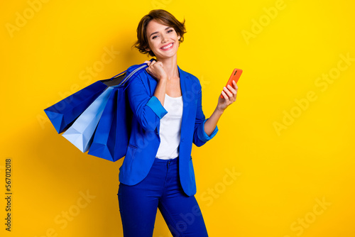 Photo of agent business lady use smart gadget browsing web website buying hold shopping sale isolated bright color background