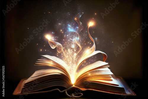 Libro antico di fiabe con luci, particelle e scie magiche su fondo scuro photo