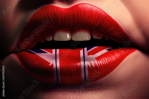 Bocca umana con labbra rosse e bandiera inglese photo