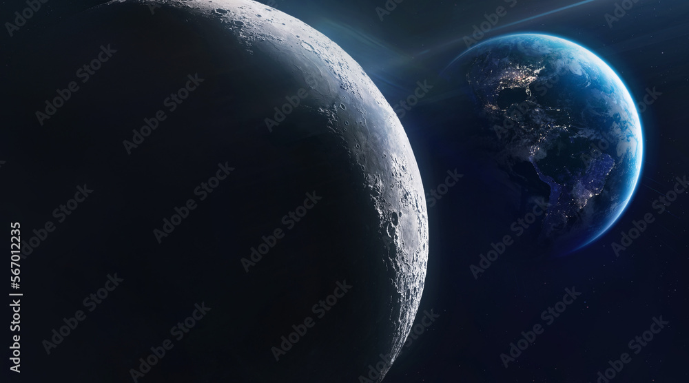 Moon surface and Earth planet on the background in deep dark space ...