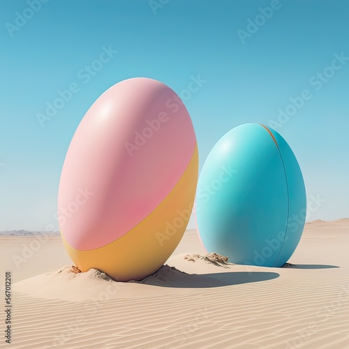 Abstract creative Easter concept of painted pastel eggs in the desert. Holidays on the hot sand under the clear blue sky. Illustration. Generative AI.