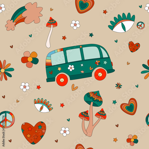 Vector seamless pattern retro 1970s hippie psychedelic groove elements background mushroom flower and rainbow