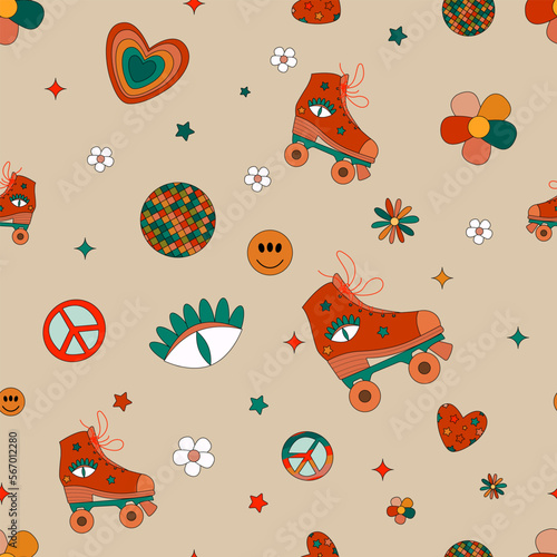 Vector seamless pattern retro 1970s hippie psychedelic groove elements background mushroom flower and rainbow