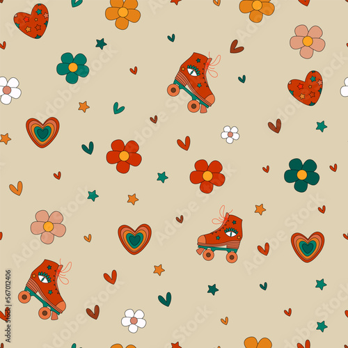 Vector seamless pattern retro 1970s psychedelic groove elements background with roller skates 
