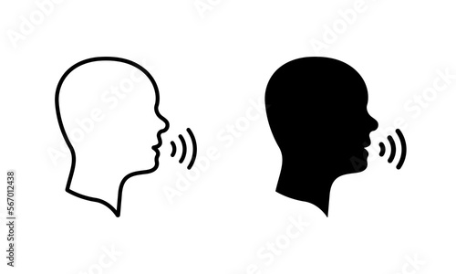 Man Talk Silhouette and Line Icon Set. Voice Command with Sound Waves. Person Conversation Speech Symbol. Man Talk Control and Voice Recognition Sign. Editable Stroke. Isolated Vector Illustration