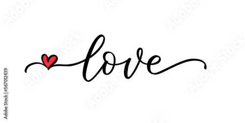 LOVE word hand drawn lettering. Modern calligraphy script love text. Vector illustration. Design for print on shirt, poster, banner. Text with red heart on white background. Lovely print for tee shirt
