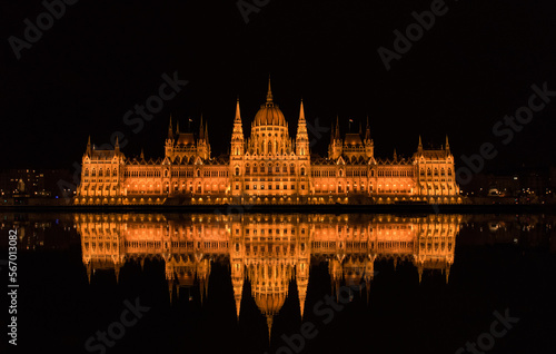 Panoramic of the Parliament of Budapest (Hungary) and its reflection, night photography, from the river.