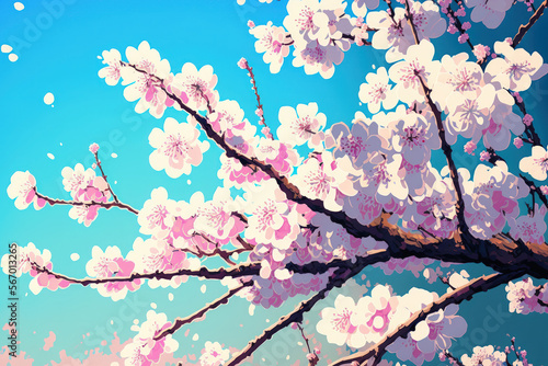 On a springtime day, cherry blossoms are in bloom. Generative AI