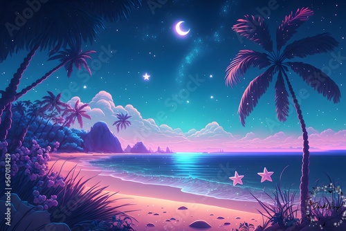 beautiful view on a dreamy beach with a moon in the background