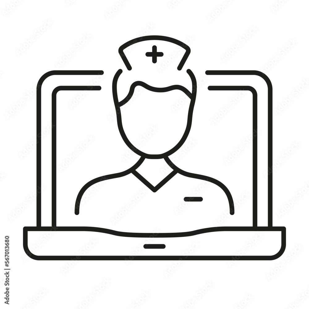Online Medical Service in Laptop Line Icon. Telemedicine Healthcare Outline Symbol. Physician Consultation. Remote Virtual Doctor Man Linear Pictogram. Editable Stroke. Isolated Vector Illustration