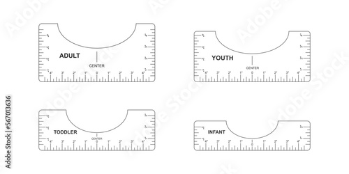 Set of t shirt alignment guides. Adult, youth, toddler, infant size templates. Rulers for centering clothing design. Sewing measurement tools with markup and numbers. Inches calibration
