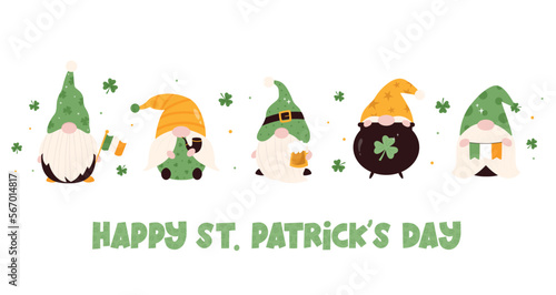 Set of cartoon leprechauns, gnomes in hats, with traditional holiday symbols. Funny Irish characters on white background
