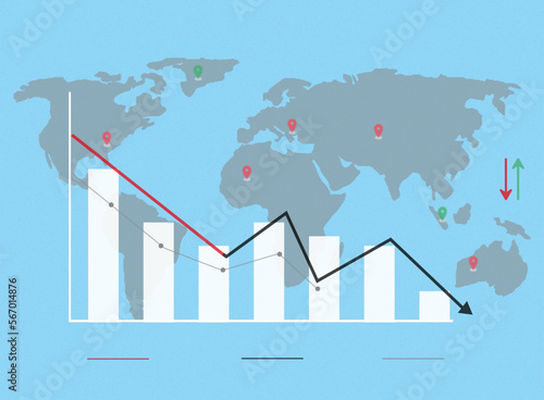 Financial crisis concept vector illustration. Global economic crisis graphic. World wide financial crisis chart. Down arrow.