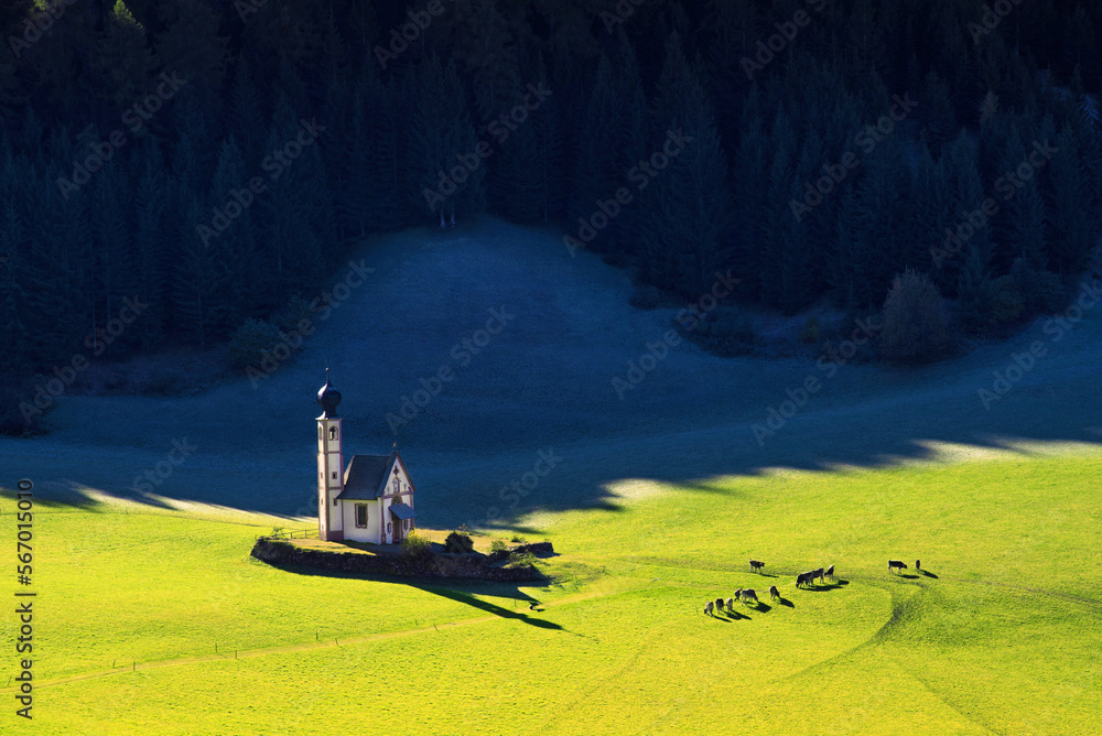 Magical spring landscape with a church in the valley of Santa Magdalena, Italy, Europe, Dolomites