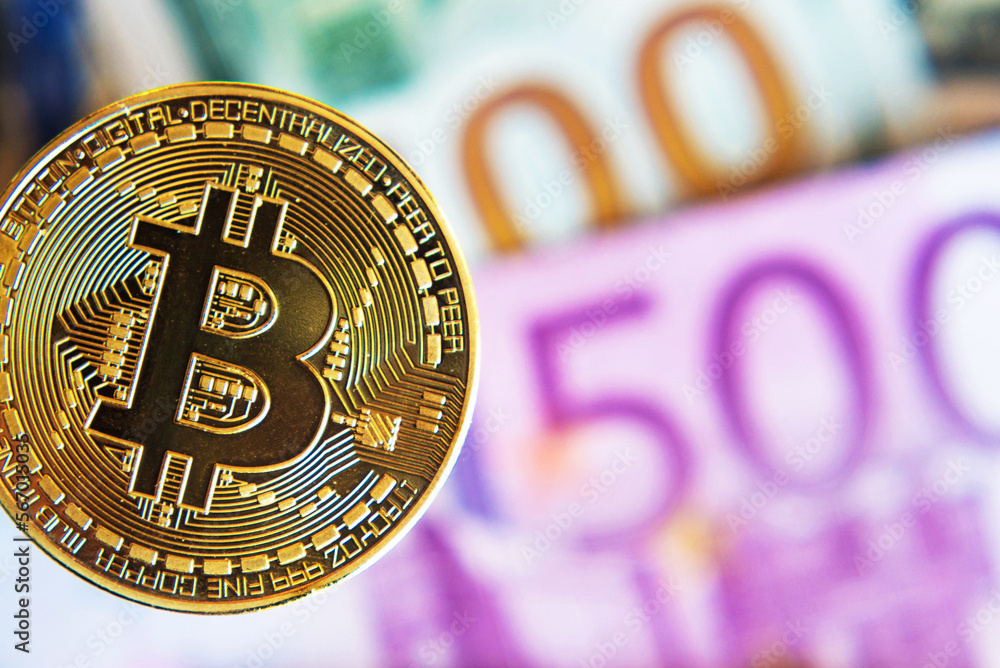 bitcoin over dollar and euro bills (investment, exchange rate, wealth, luxury, success, stock exchange - concept)