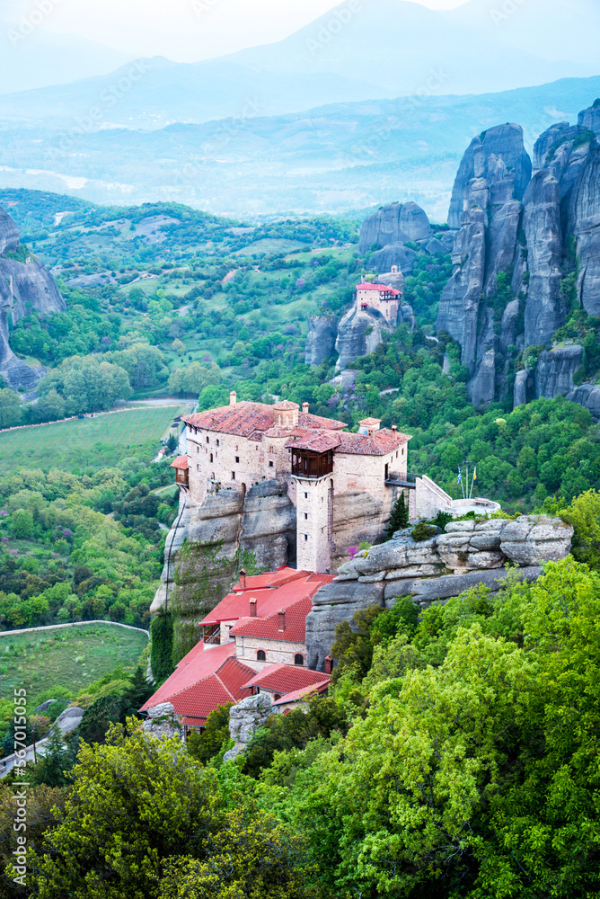 Eastern Orthodox Monastery of Varlaam in holy complex in the famous valley of the Meteora rocks in Greece. Great amazing world. Attractions.