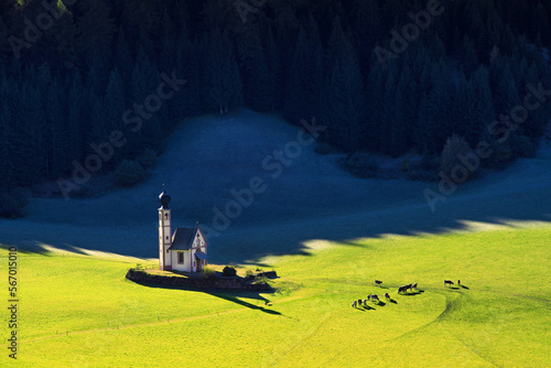Obraz na płótnie Magical spring landscape with a church in the valley of Santa Magdalena, Italy, Europe, Dolomites w salonie