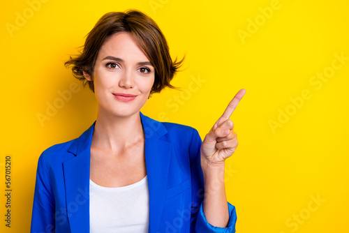 Fotografija Photo of professional office worker lady point finger empty space shopping ads i