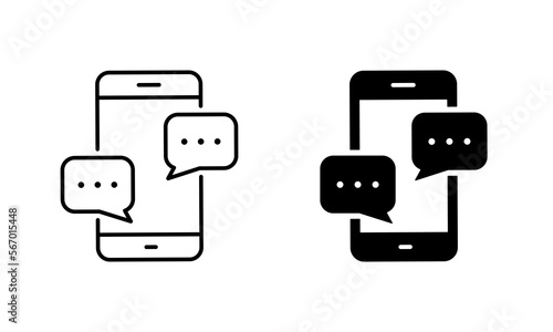 Text Message on Mobile Phone Silhouette and Line Icon Set. Smart Phone Mail Online Chat Speech Bubble Pictogram. Smartphone Screen SMS Notification Sign. Editable Stroke. Isolated Vector Illustration