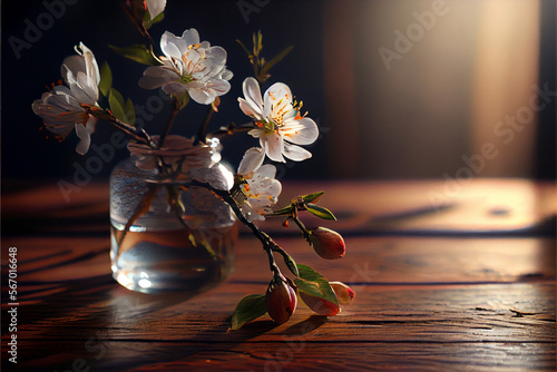 Cherry blossom branch of sakura white and pink color on table with vase  home comfort on dark blurred background  spring concept. Copy space  place for text. Generative AI