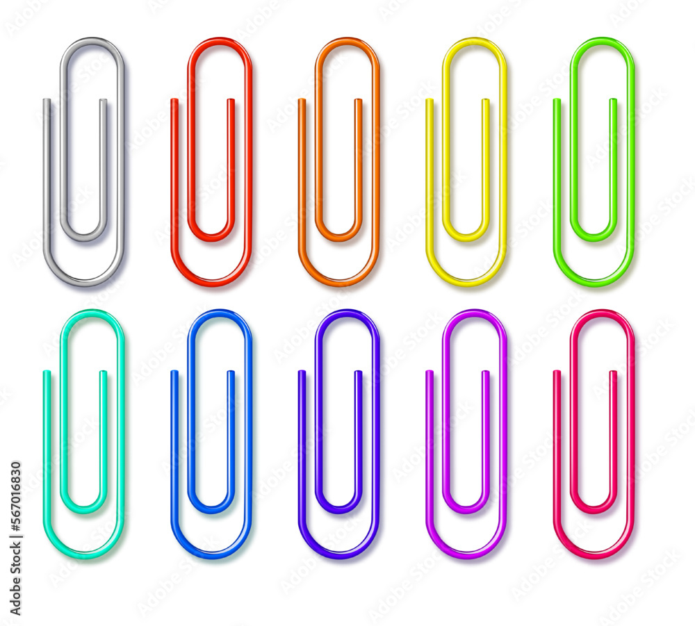 Paper clips clamp. Colour cartoon office paperclip. Paper clip icon attached attach document or file. Vector