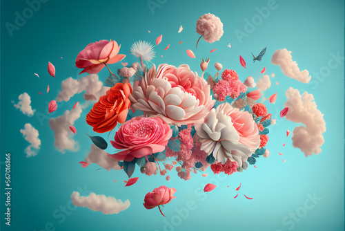 Bouquet of spring flowers peonies and roses against a blue sky with clouds in the air, pastel pink colors, wedding concept, mother's day, space for text, vintage style. Generative AI