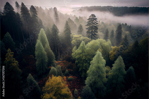Carbon free concept foggy forest in the clouds. The forest protects the world from emissions of CO2 pollutants, a forest in the midst of carbon monoxide. Generative AI photo