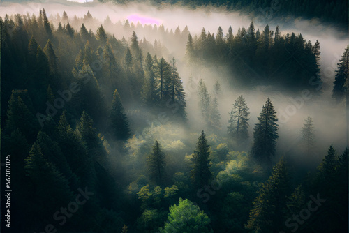 Carbon free concept foggy forest in the clouds. The forest protects the world from emissions of CO2 pollutants, a forest in the midst of carbon monoxide. Generative AI