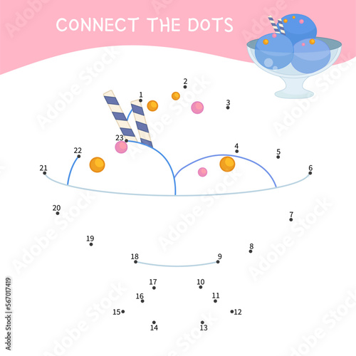 Educational game for kids. Dot to dot game for children. Cartoon illustration of bowl with ice cream.
